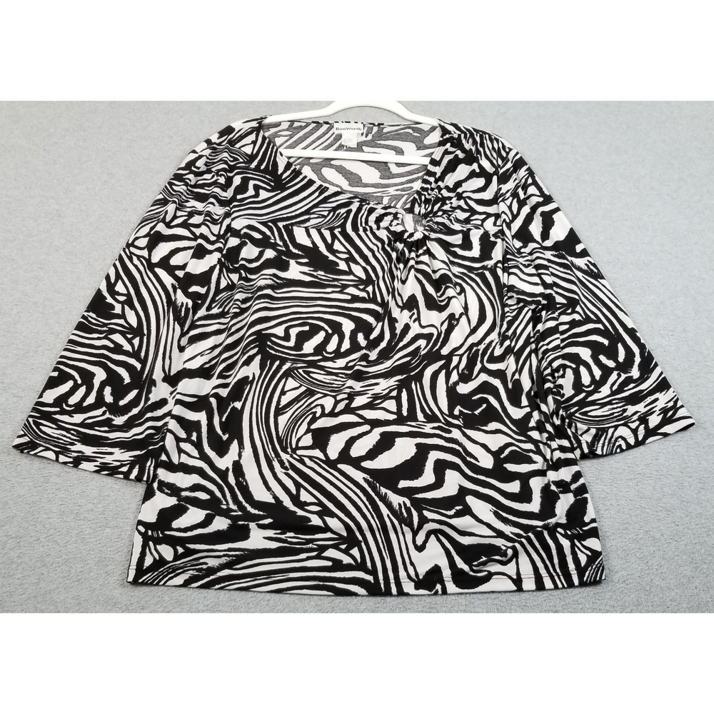 BonWorth Top Womens Large L Black White Zebra Print O-Ring 3/4 Sleeves Blouse